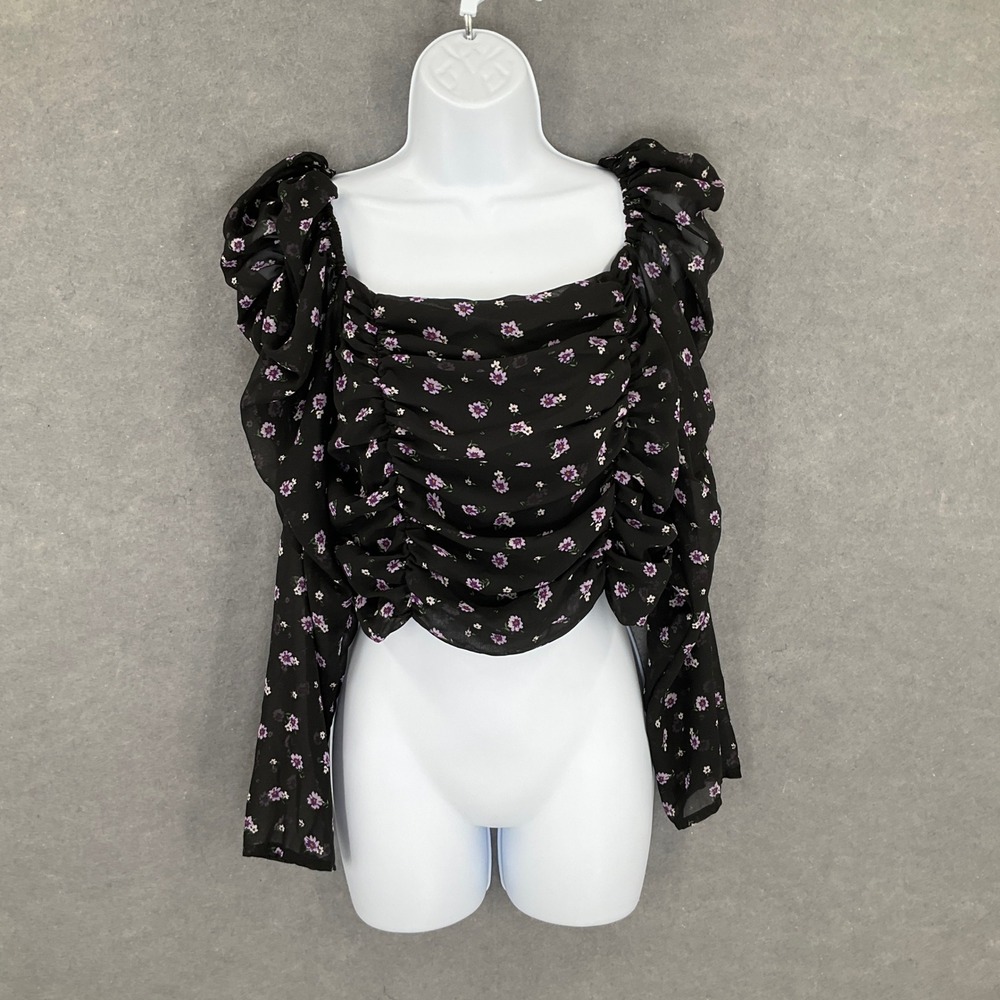 H&M Divided Floral Square Neck Long Sleeve Ruched Crop Top Black Sz L Whimsigoth